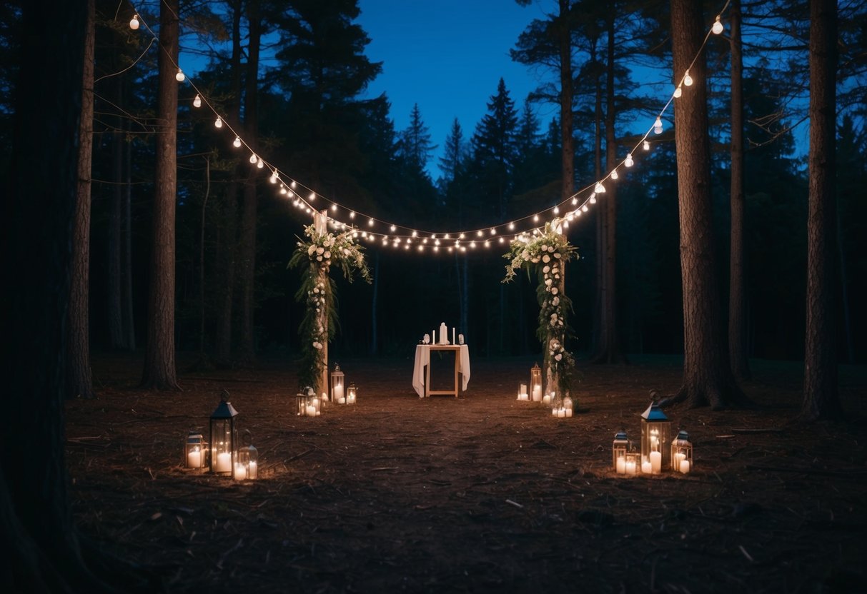 A secluded clearing in a moonlit forest, adorned with twinkling lights and a small altar, awaits a clandestine wedding ceremony