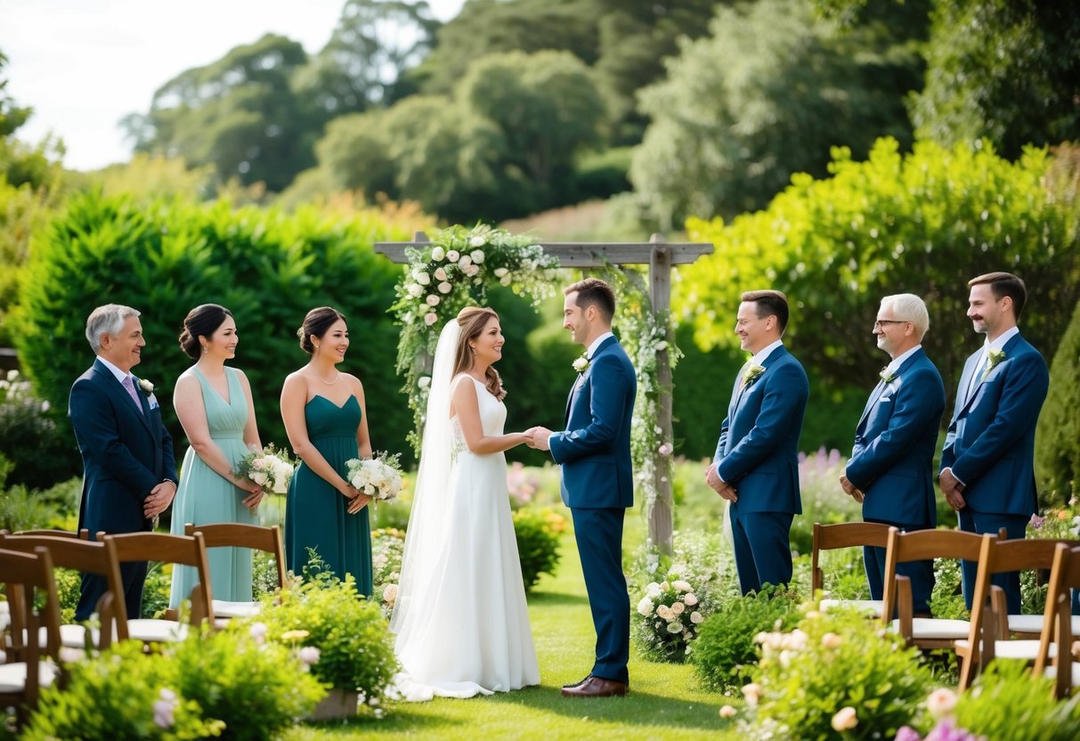 A couple exchanging vows in a secluded garden, surrounded by lush greenery and blooming flowers, with a small, intimate gathering of close friends and family