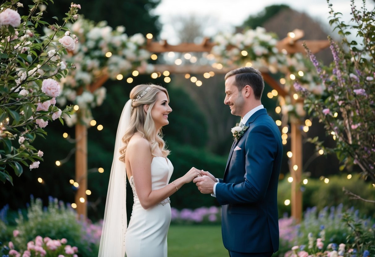 A couple exchanging vows in a secluded garden, surrounded by blooming flowers and twinkling lights