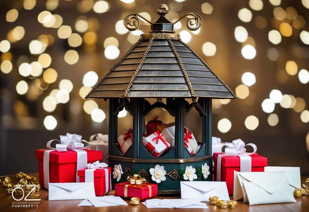 A decorative wedding wishing well surrounded by gifts and envelopes