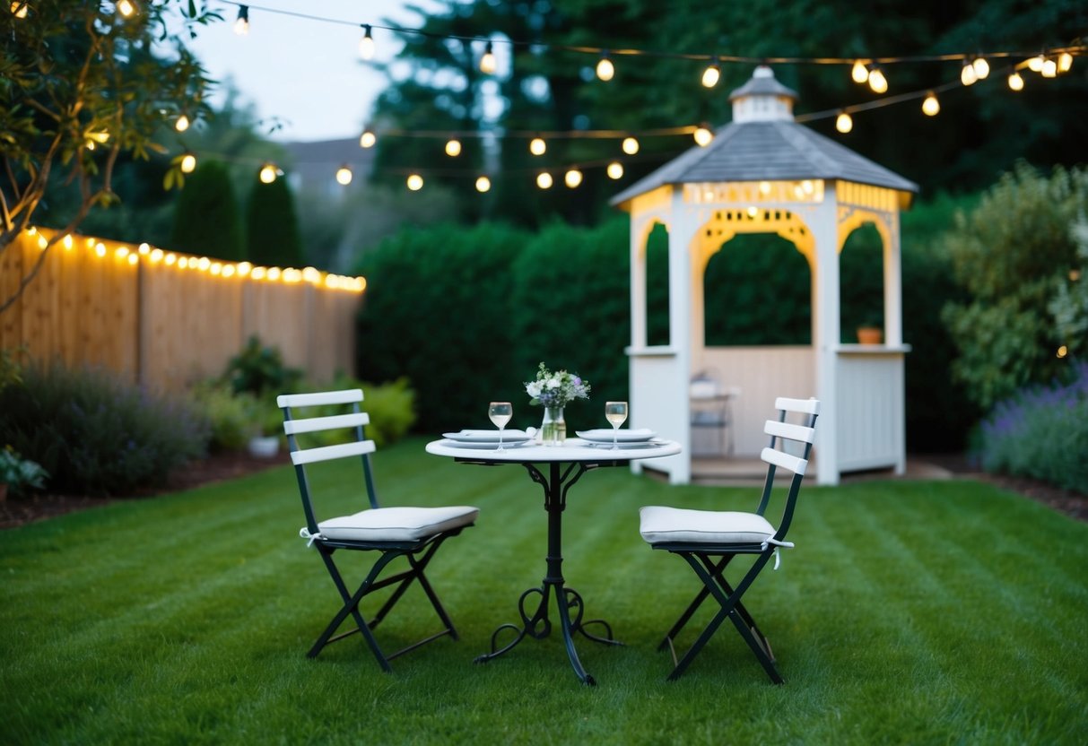 A single table set for two in an intimate garden with a small gazebo and twinkling lights