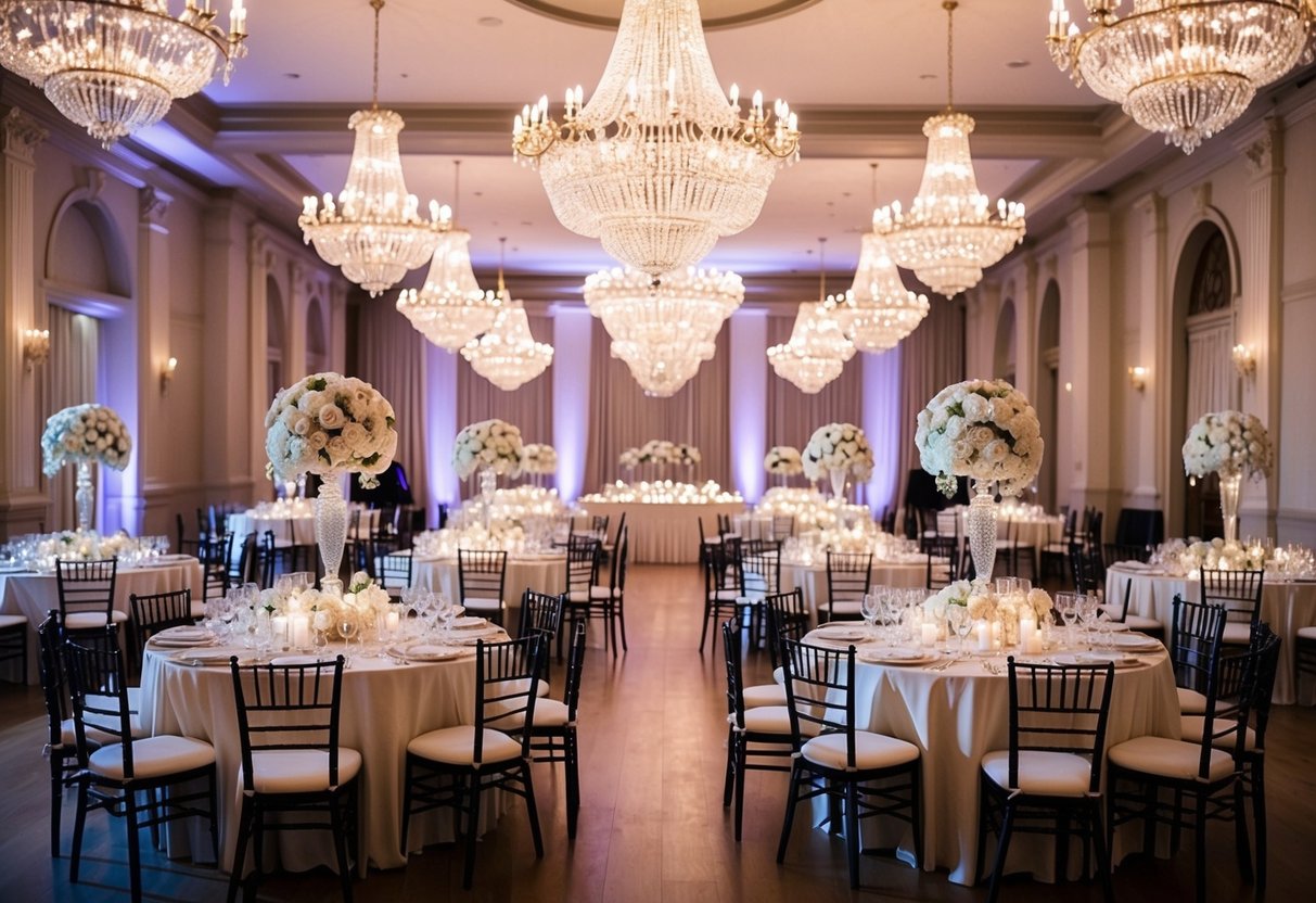 A grand hall with elegant decor and sparkling chandeliers, set up for a luxurious wedding reception