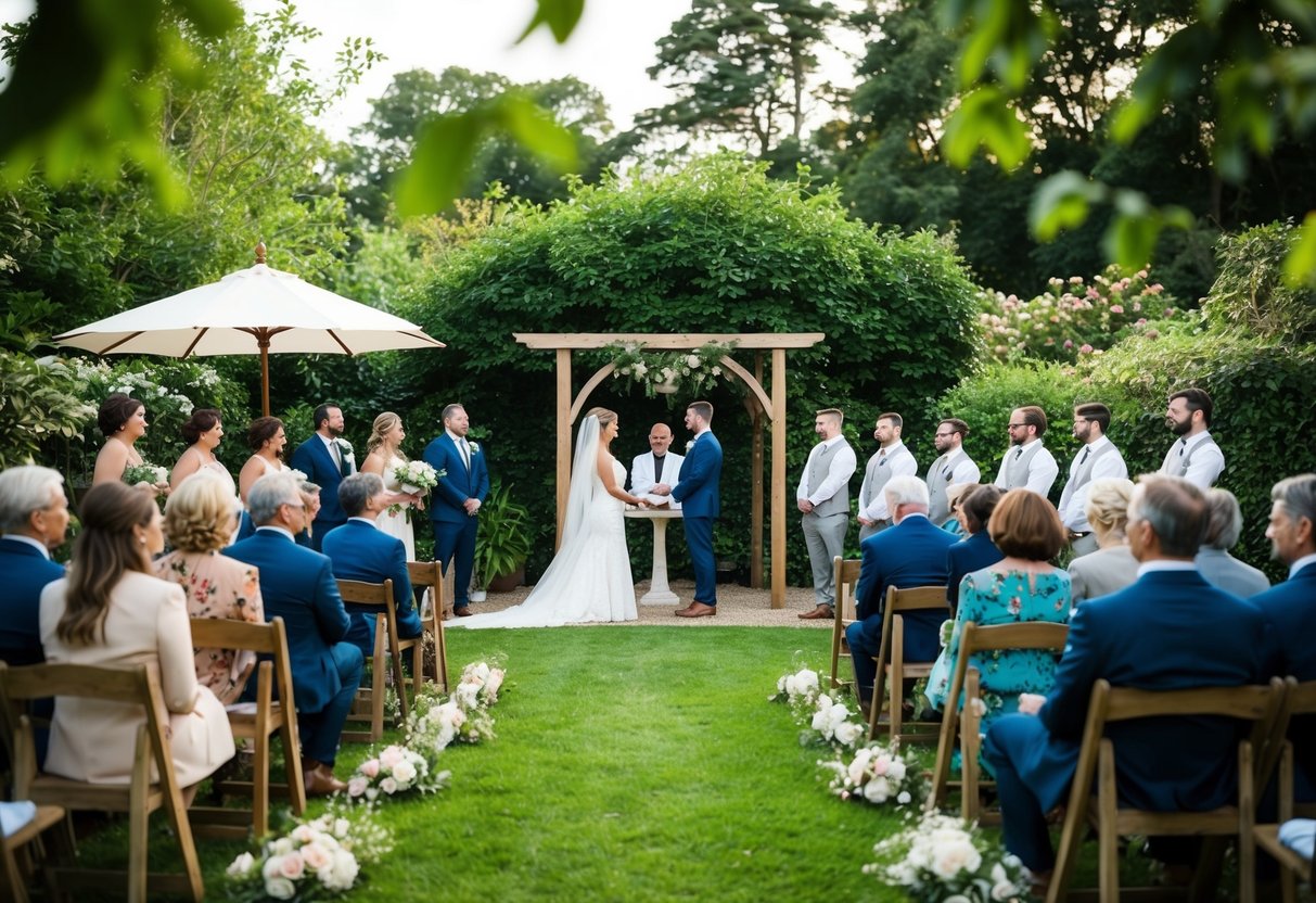A cozy garden with a simple altar, surrounded by a small group of close family and friends. A serene and intimate setting for a small wedding