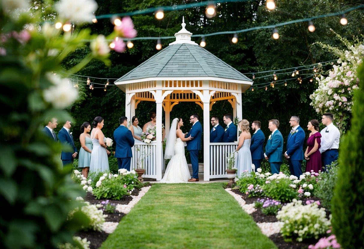 A cozy outdoor garden with a small gazebo, surrounded by blooming flowers and twinkling lights. A small group of guests gather for an intimate wedding ceremony