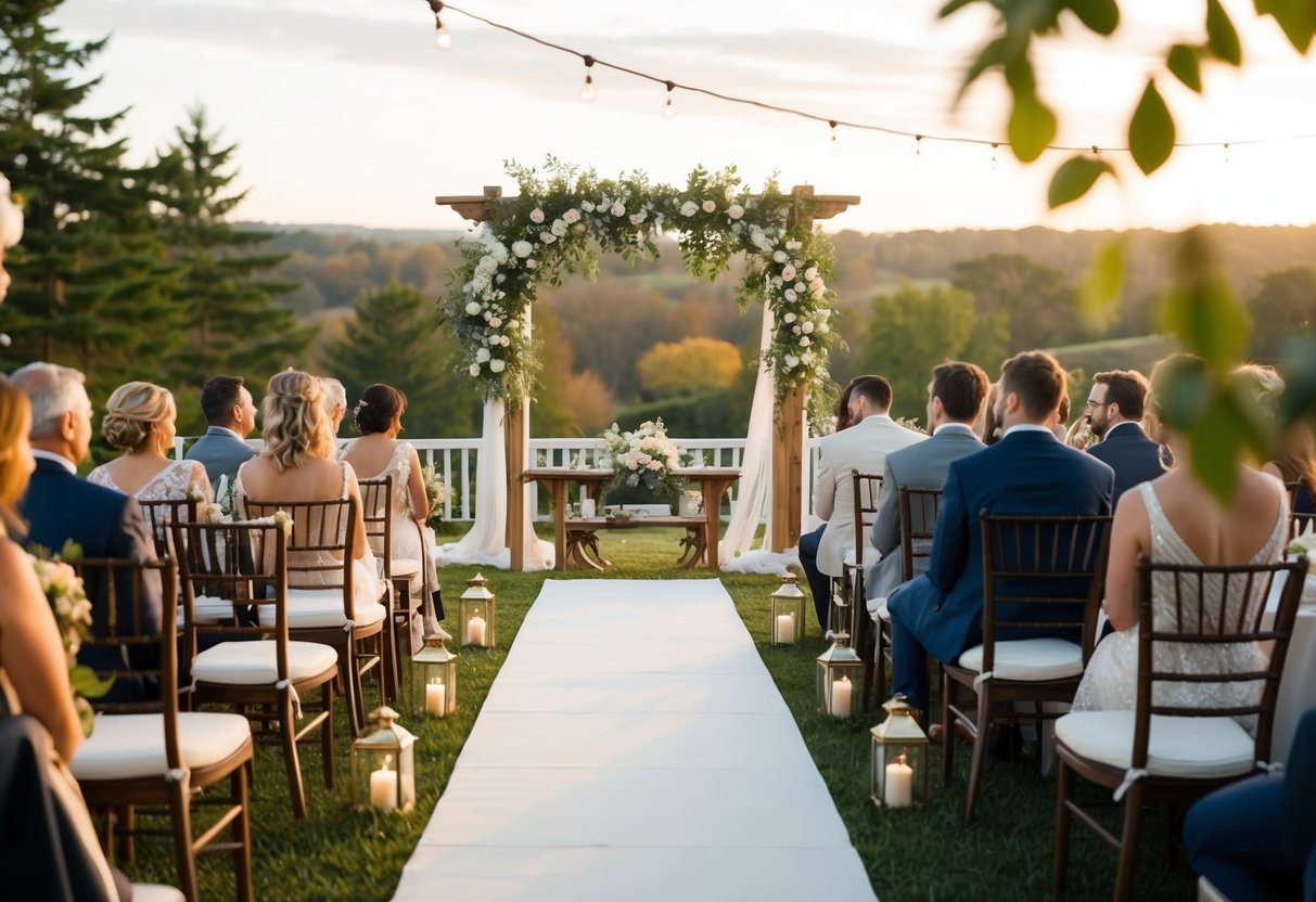 A cozy outdoor wedding with a picturesque backdrop, intimate seating, and elegant decor