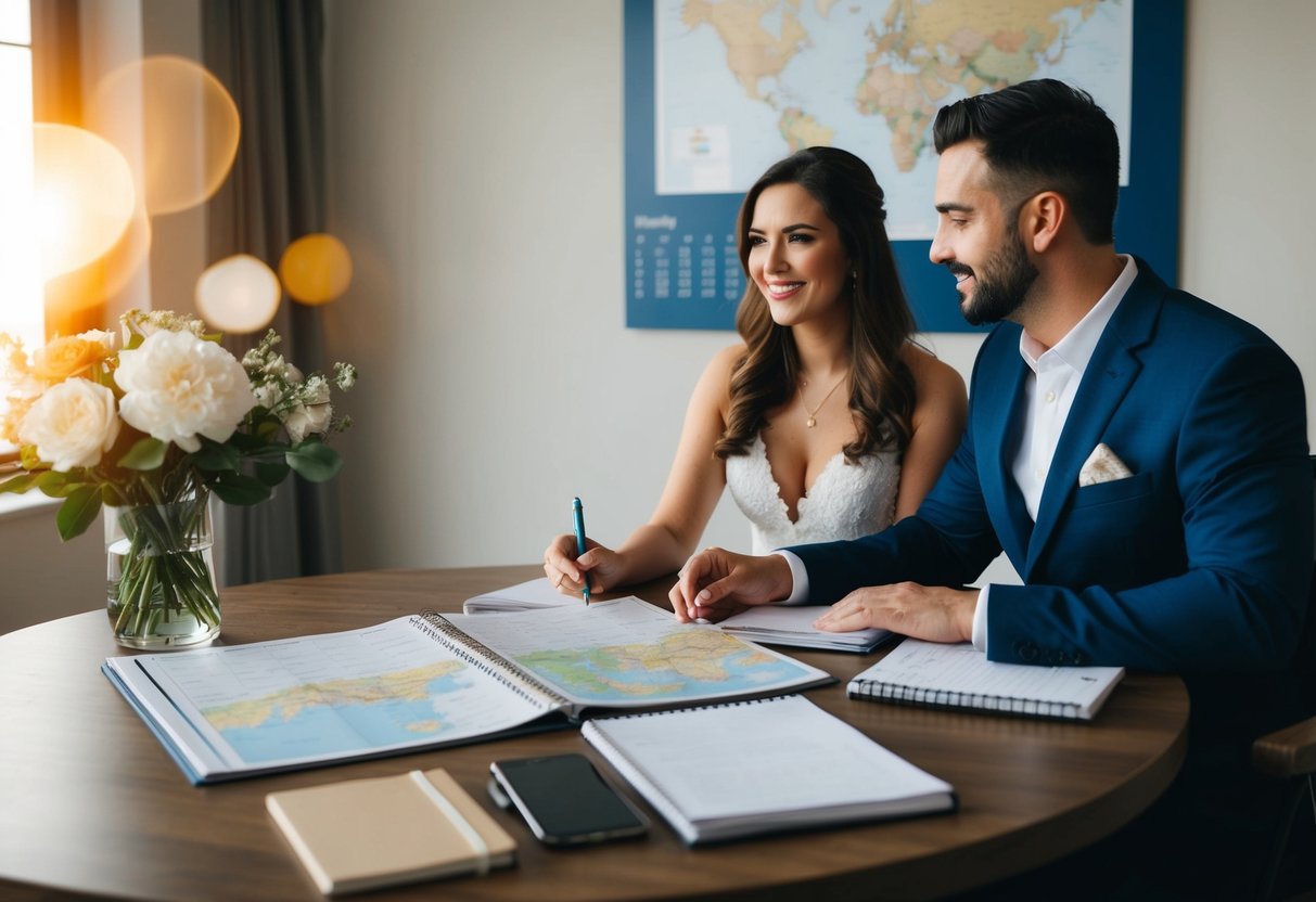 A couple sits at a table with a map, calendar, and notebook, discussing and planning their destination wedding