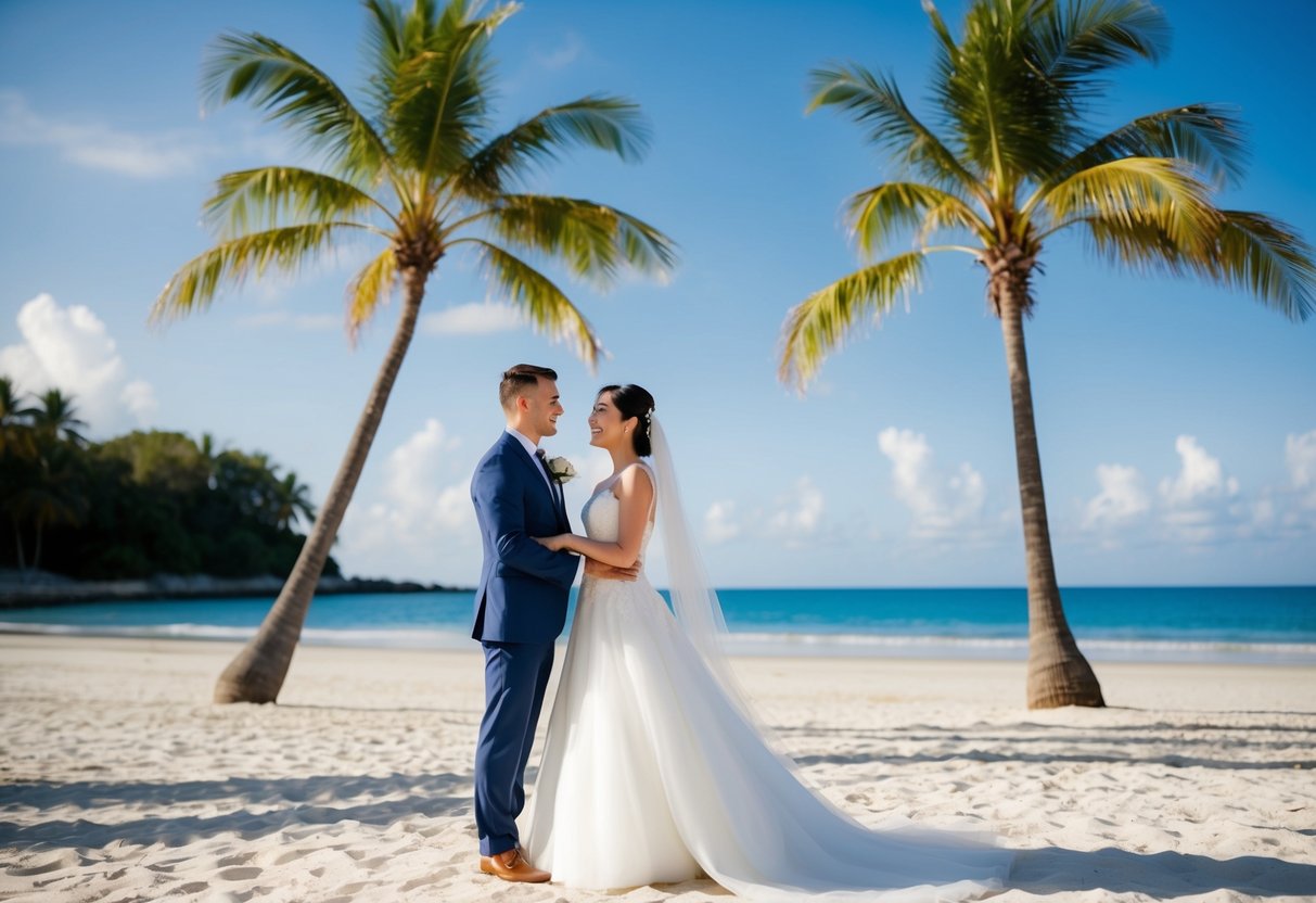 A couple getting married on a beautiful beach with palm trees and a clear blue sky in the background