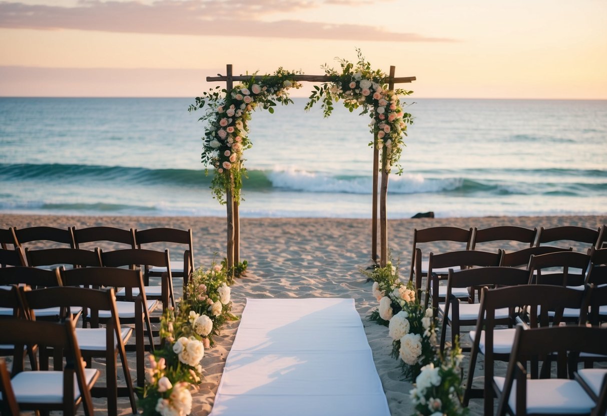 A beach wedding setup with chairs, an arch, and flowers overlooking the ocean at sunset