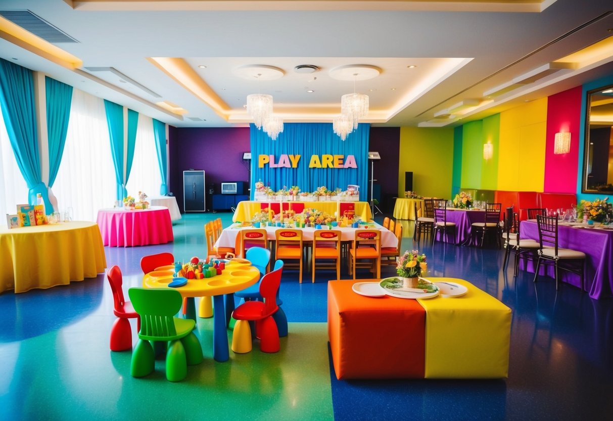 A colorful and lively wedding venue with a play area and entertainment options for children, including a designated kids' table and a separate entertainment area