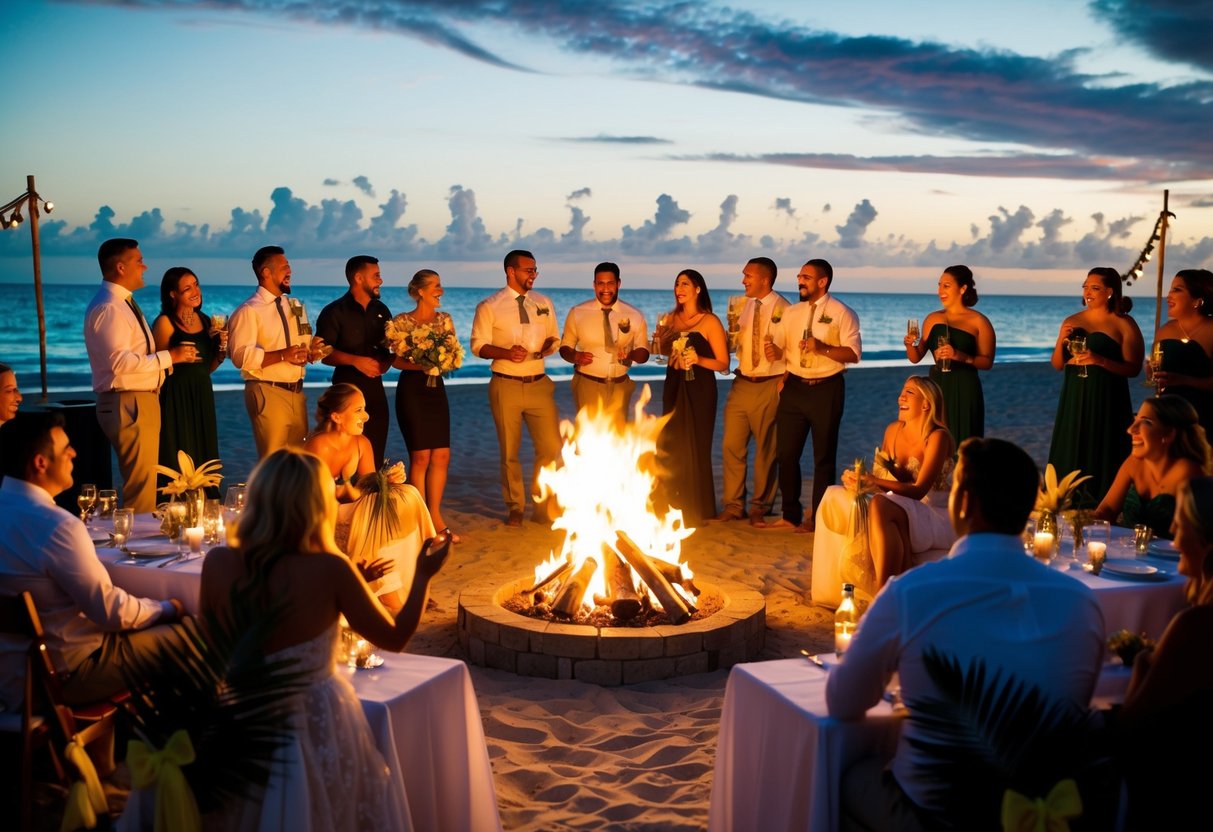 Guests gather around a beach bonfire, laughing and chatting as the sun sets over the ocean. Tables are set with tropical decor, and a dance floor awaits