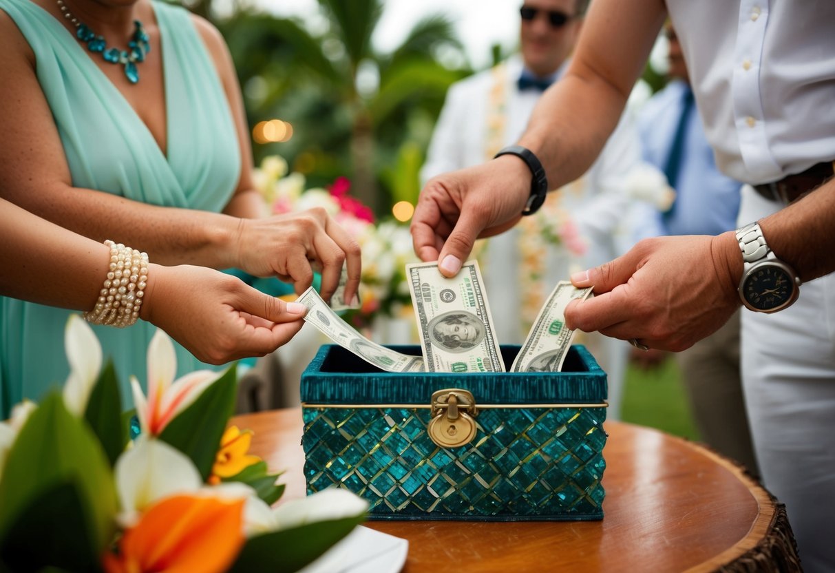 Guests place cash in a decorative box at a tropical wedding venue