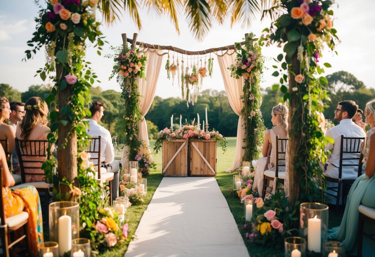 A boho wedding: a lush outdoor setting with eclectic decor, vibrant florals, and dreamy, flowing fabrics. A mix of vintage and modern elements creates a relaxed, romantic atmosphere