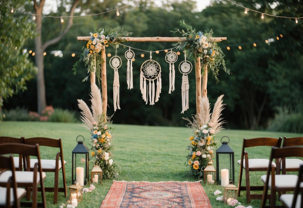 A boho wedding: a lush outdoor setting with dreamcatchers, macrame, and wildflowers adorning a wooden arch. Lanterns and rugs create a cozy, eclectic vibe