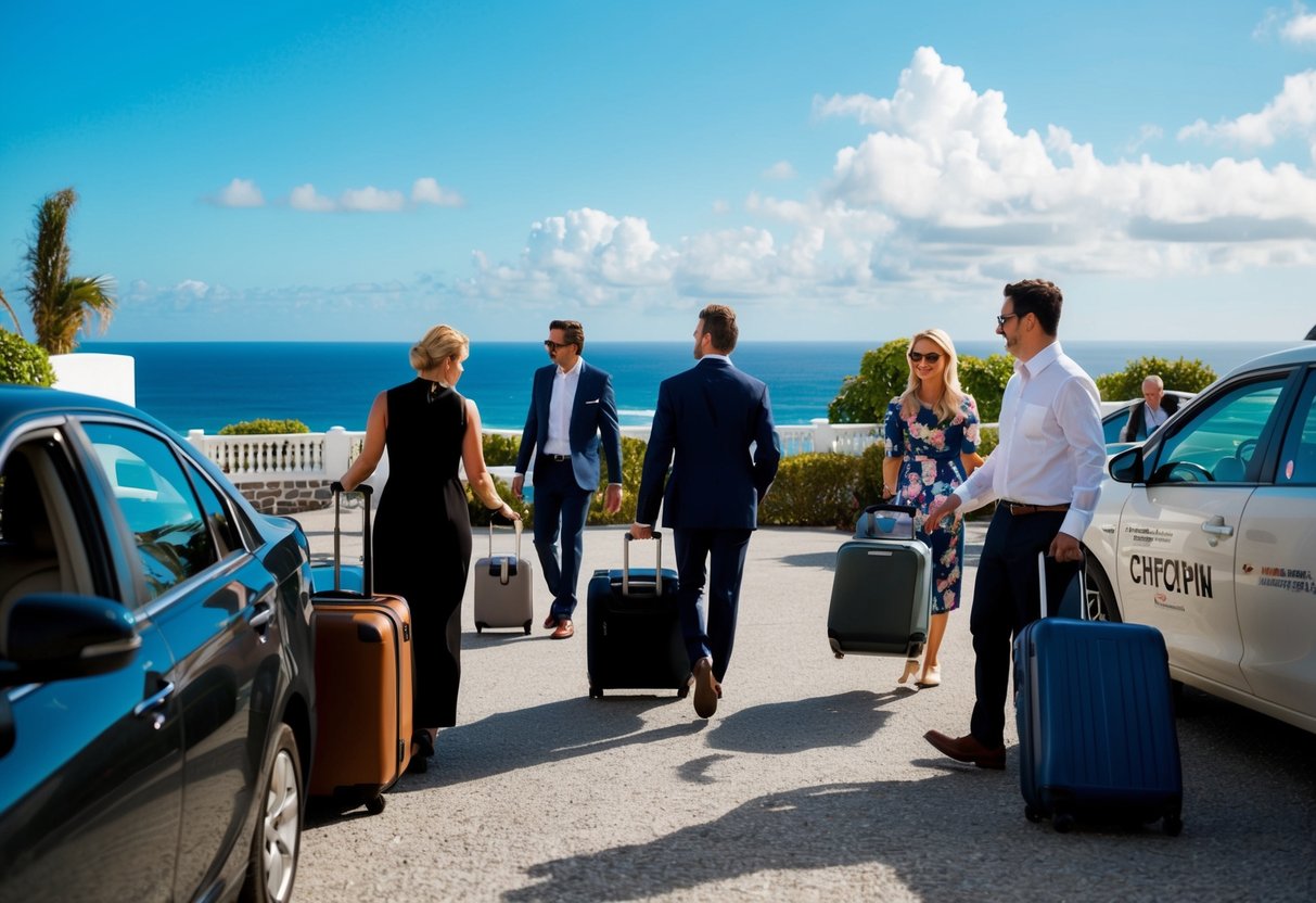 Guests arrive at a picturesque destination, checking into a charming hotel with a view of the ocean. Luggage is being unloaded from taxis as staff assists with check-in