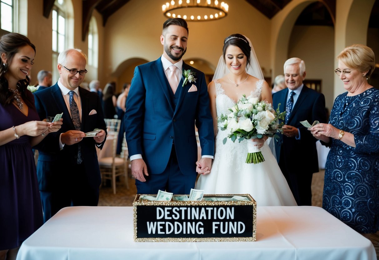 A bride and groom stand at a table with a sign reading "Destination Wedding Fund" as guests place money into a decorative box