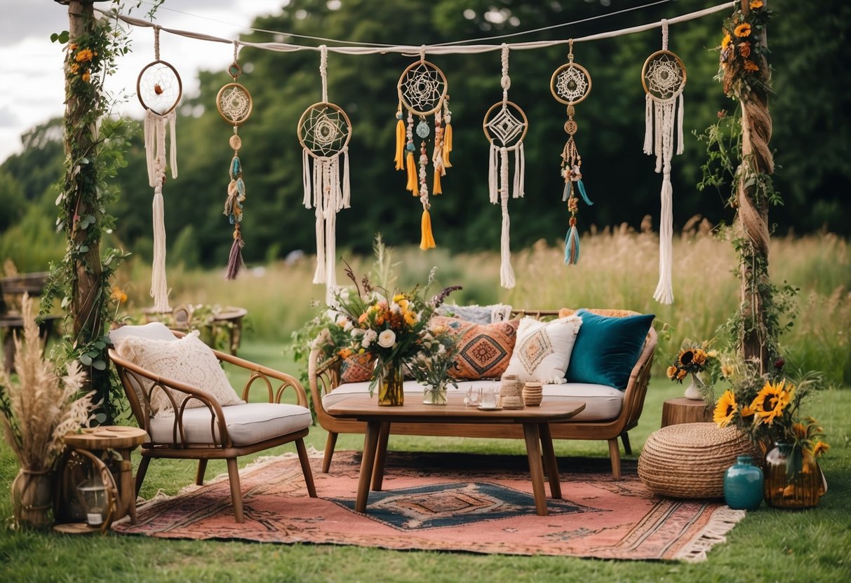 A boho wedding: a lush outdoor setting with vibrant, earthy colors, dreamcatchers, macramé, and wildflowers. A vintage rug and cozy seating area add to the relaxed, free-spirited vibe