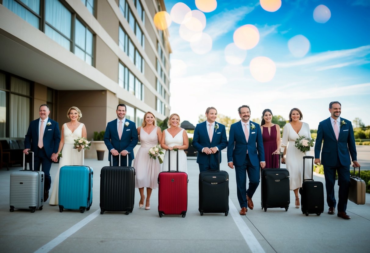 Guests arrive with suitcases, check in at a hotel, and attend wedding events for several days