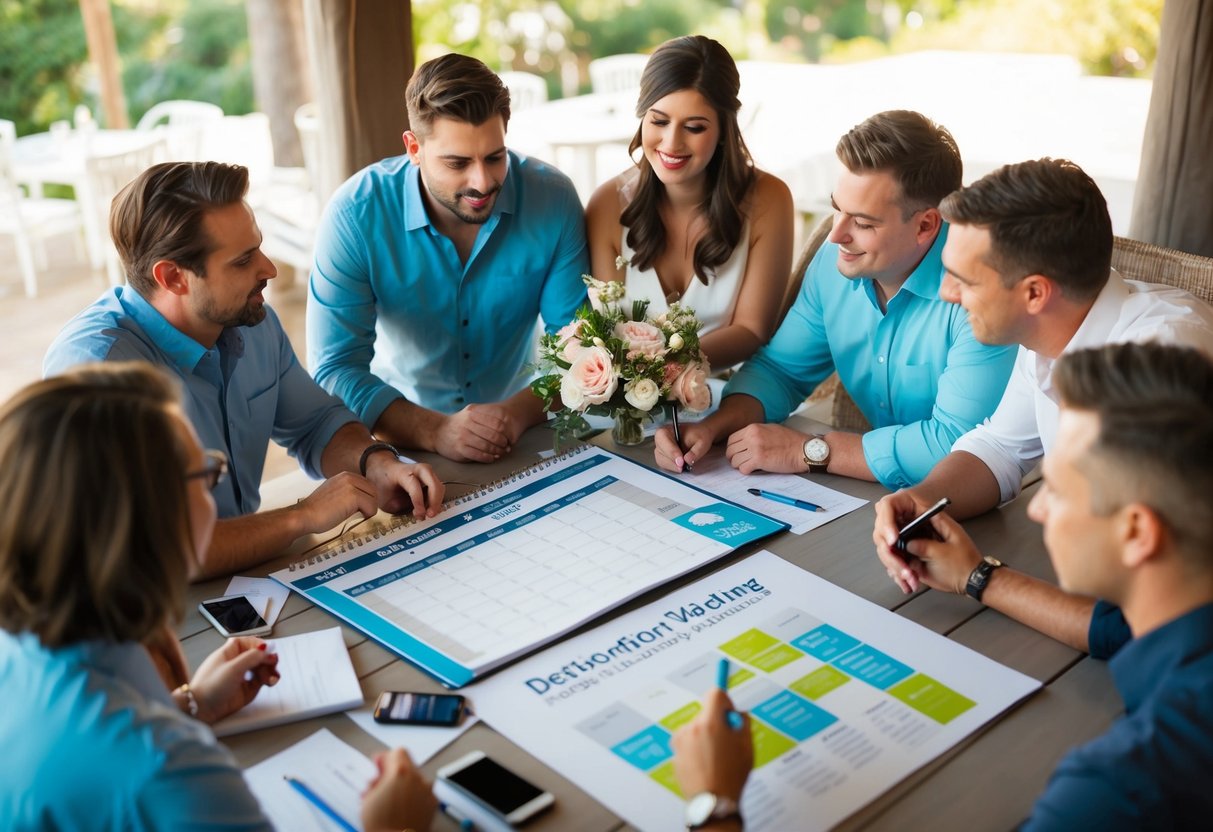 Guests gather around a table, discussing and planning their stay for a destination wedding. A calendar and map are spread out, with various activities and accommodations being considered