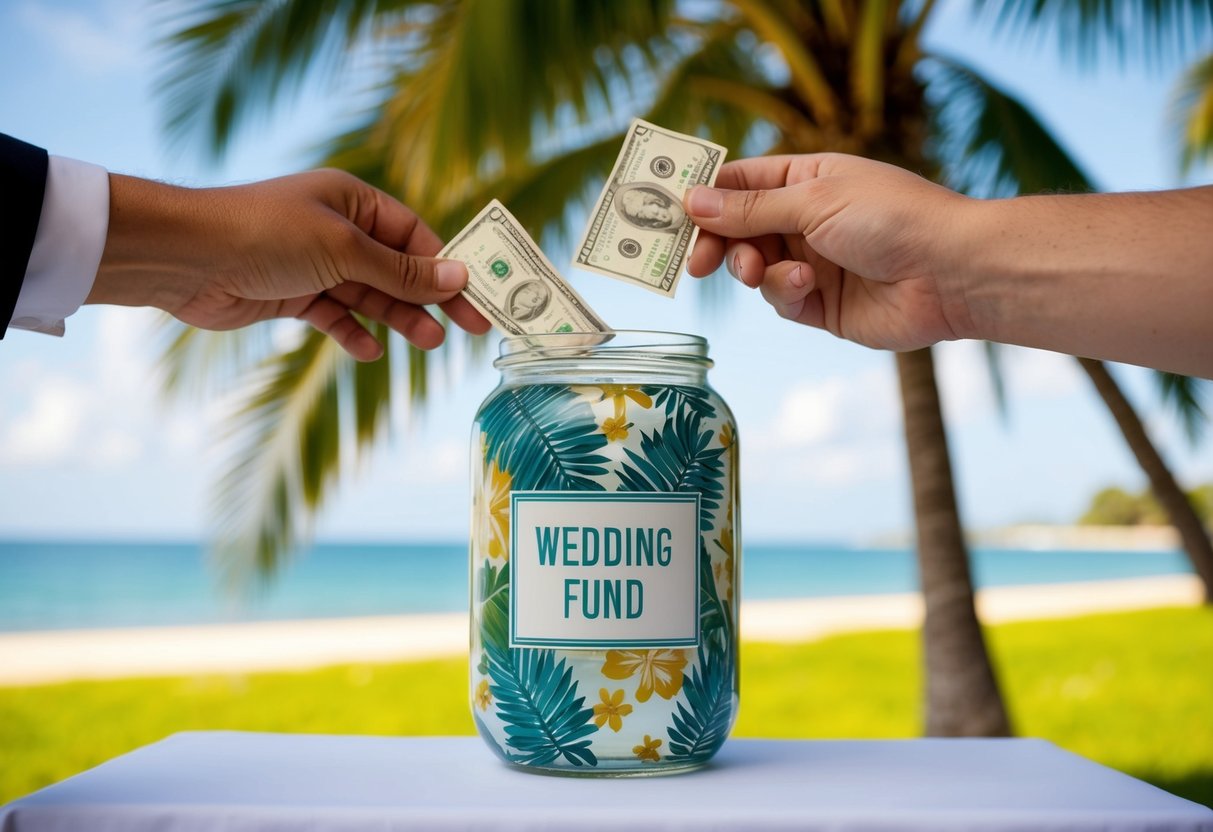 Guests drop bills into a tropical-themed wedding fund jar. Beach and palm trees in background