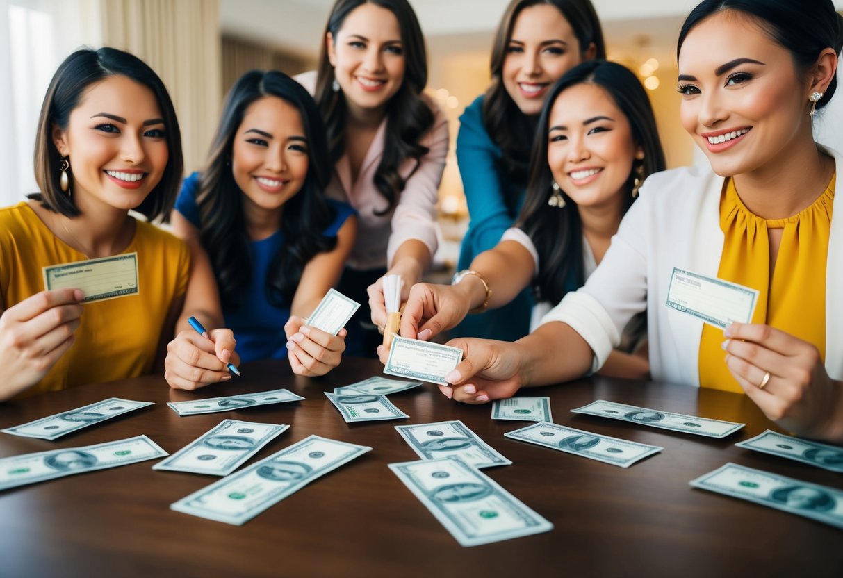 A group of friends pool money and write checks to cover the cost of a destination bridal shower