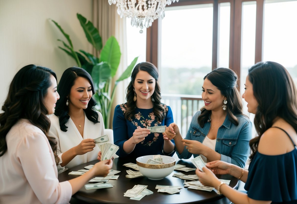 A group of women gather around a table, discussing and exchanging money for a destination bridal shower. Each woman contributes to the financial responsibilities of the event