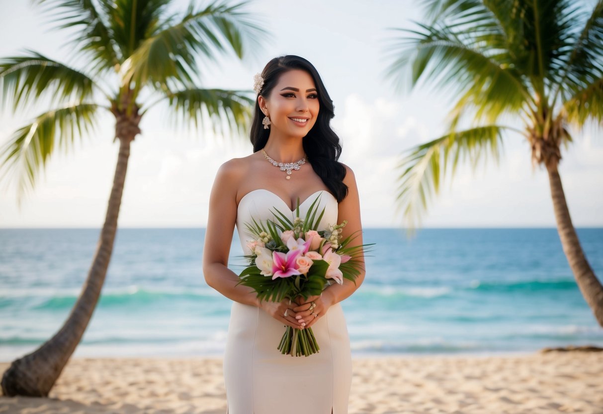 A woman stands in a tropical beach setting, holding a bouquet and wearing a dress, surrounded by palm trees and the ocean