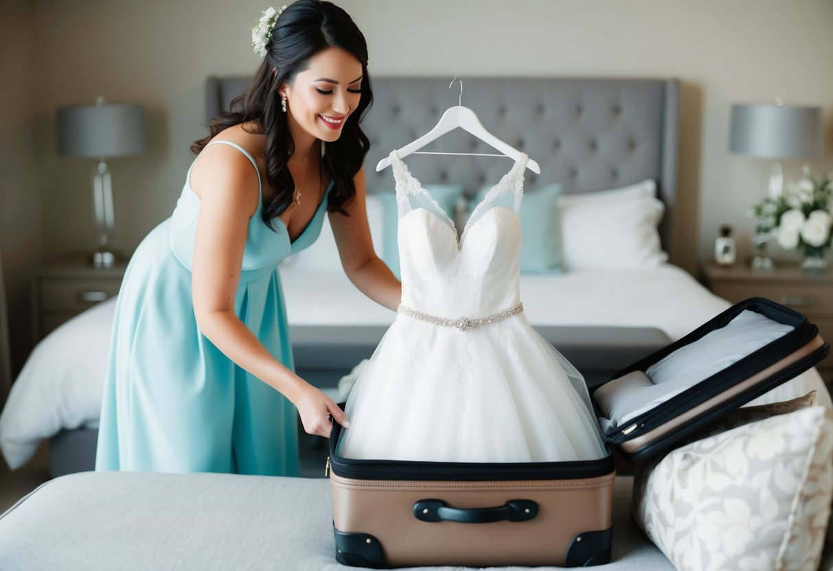 A maid of honor packing a suitcase with a wedding dress and other essentials for a destination wedding