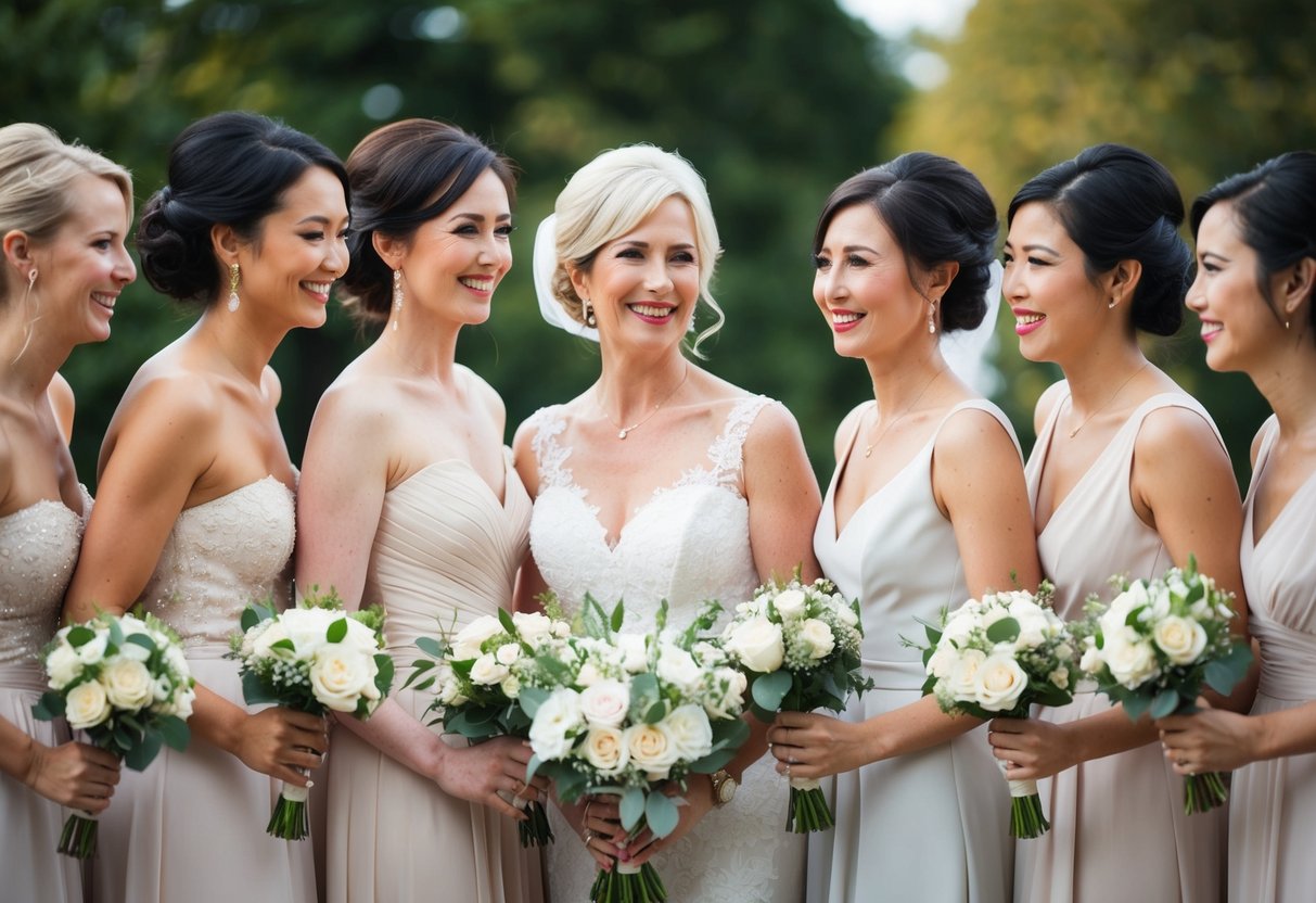 A group of women in elegant dresses standing together at a wedding, with one woman in her 50s smiling and holding a bouquet as a bridesmaid