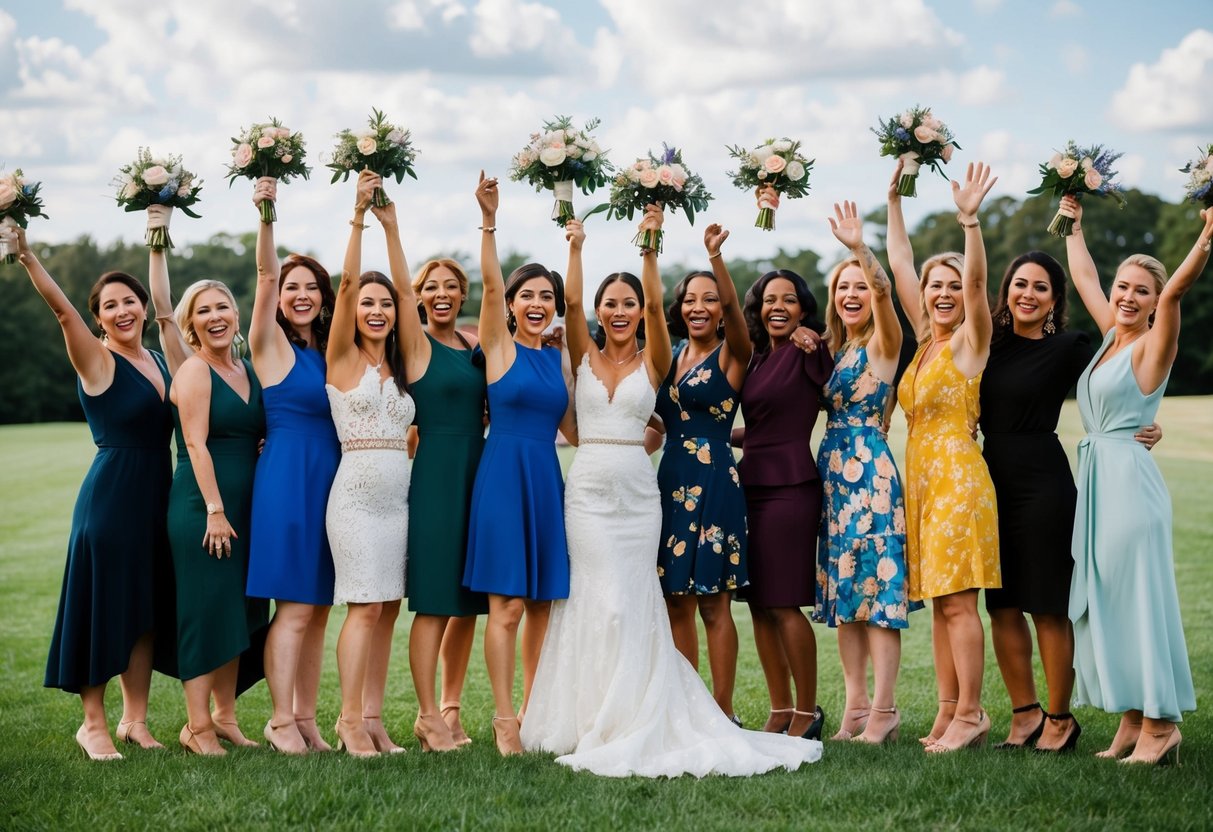 A group of diverse women stand together, radiating joy and support, as they celebrate a bride