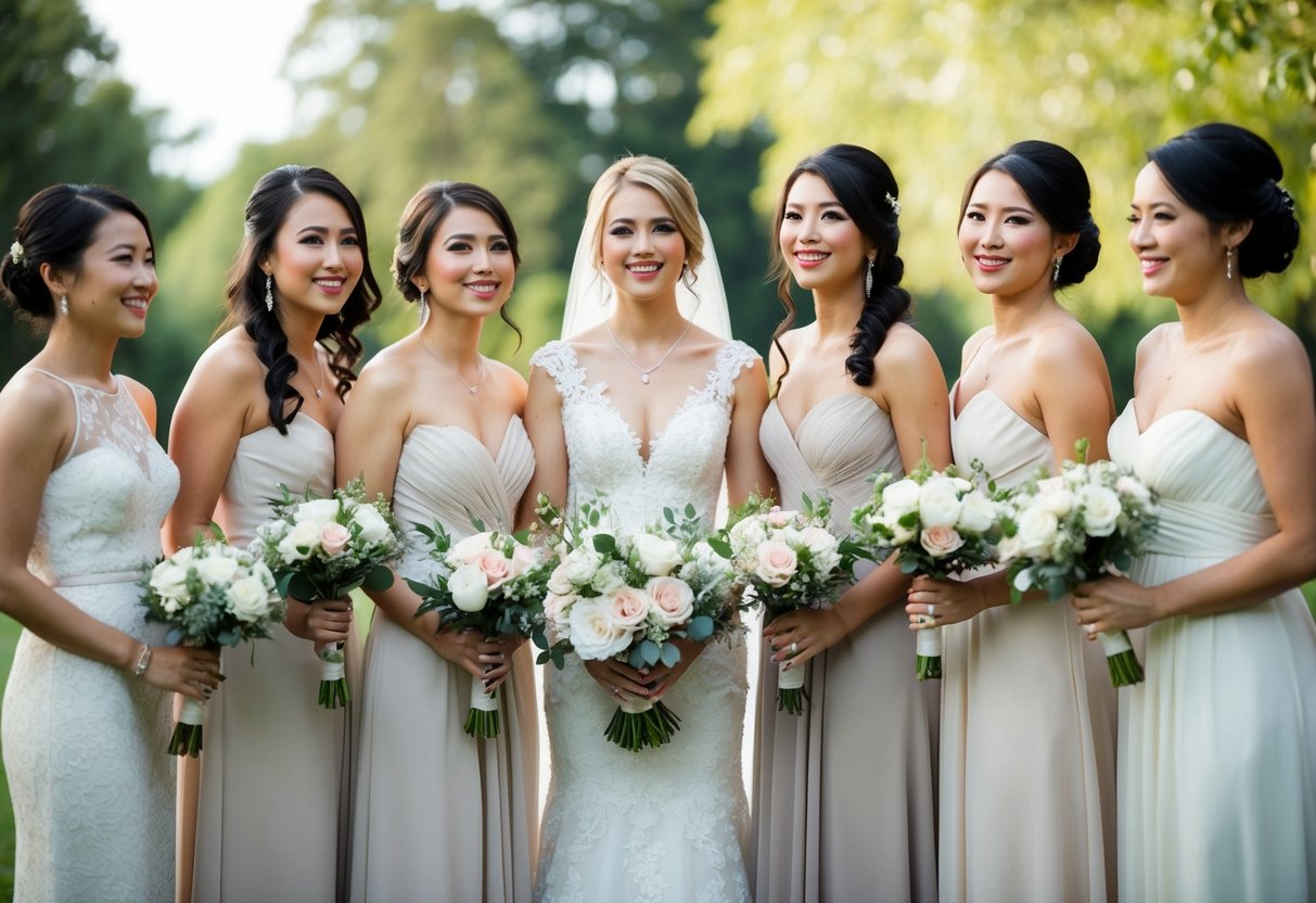 A group of women in elegant dresses and bouquets, standing together in anticipation of the wedding ceremony