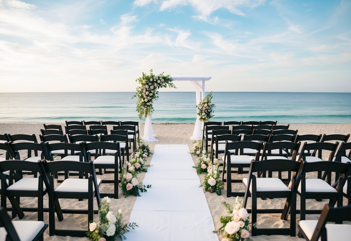 A beachfront wedding venue with rows of empty chairs facing the ocean, decorated with flowers and a white arch