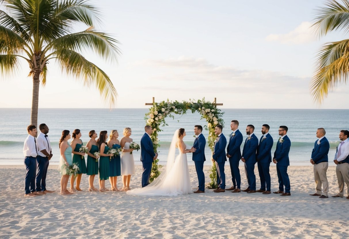 A beach with a small group of people gathered around a wedding arch, with palm trees and the ocean in the background