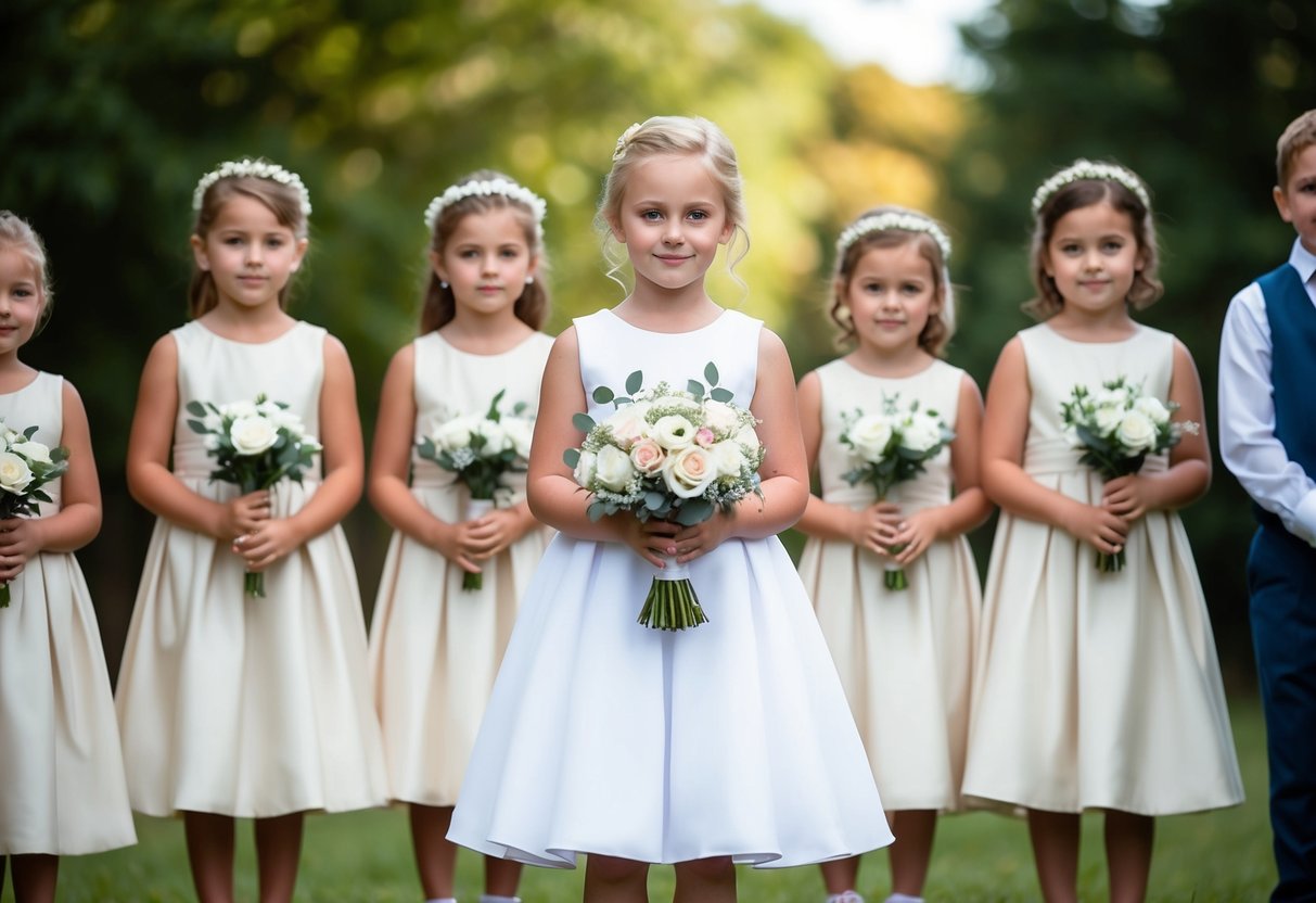 A young girl in a white dress, holding a bouquet, surrounded by flower girls and ring bearers in coordinating attire