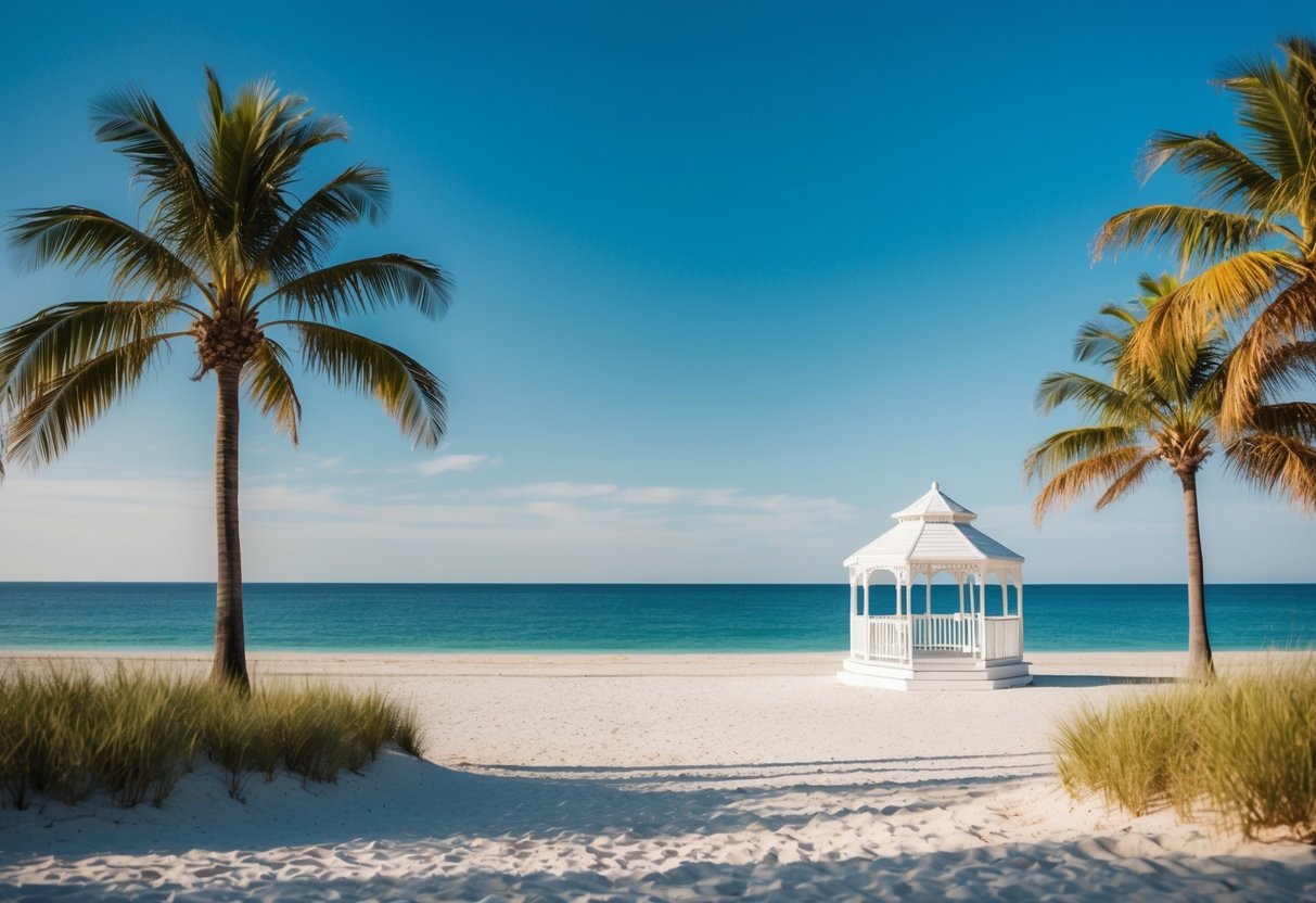 A serene beach setting with a distant wedding gazebo surrounded by palm trees and a clear blue sky