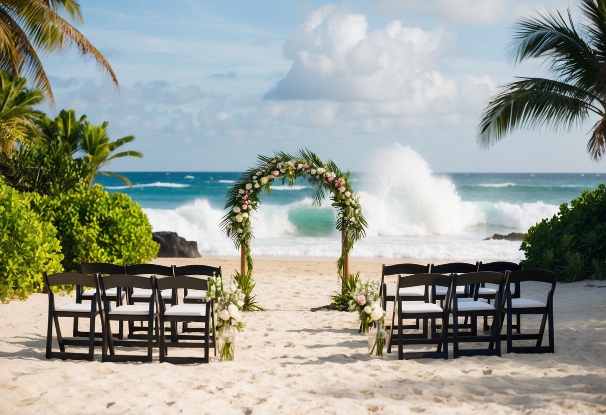 A beach with a wedding arch and chairs, surrounded by lush tropical vegetation. Waves crash in the background, creating a serene and picturesque setting