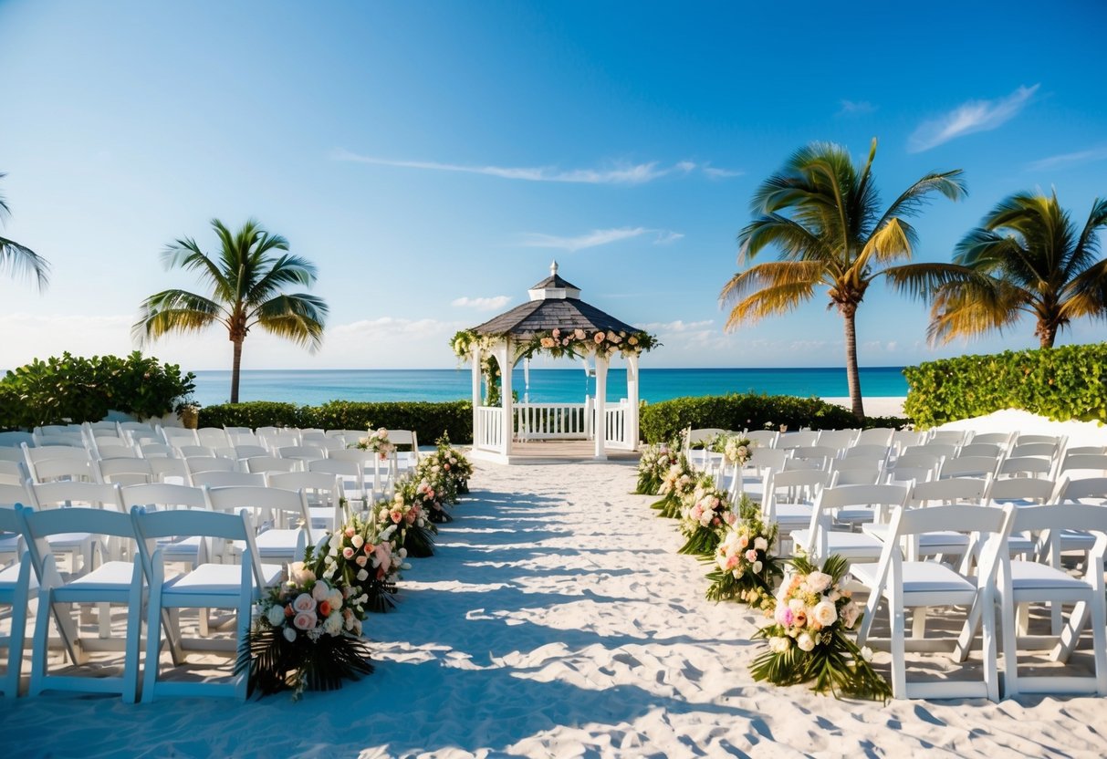 A beachfront wedding venue with rows of white chairs and a gazebo adorned with flowers. Palm trees and a clear blue sky complete the tropical setting