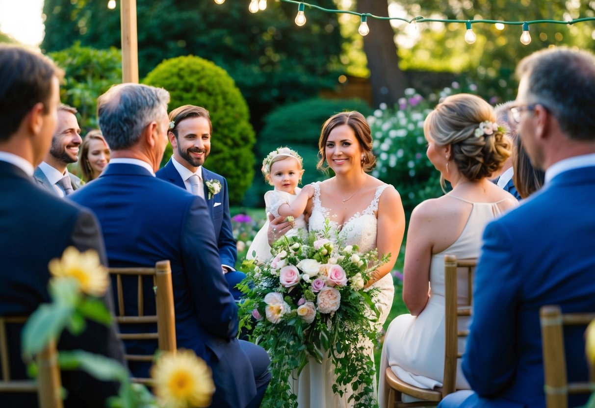 A cozy garden ceremony with a few close family and friends, surrounded by blooming flowers and twinkling lights