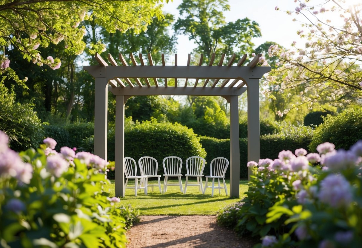 A serene garden with a simple arbor, surrounded by blooming flowers and dappled sunlight. A small group of chairs arranged in a semi-circle facing the arbor