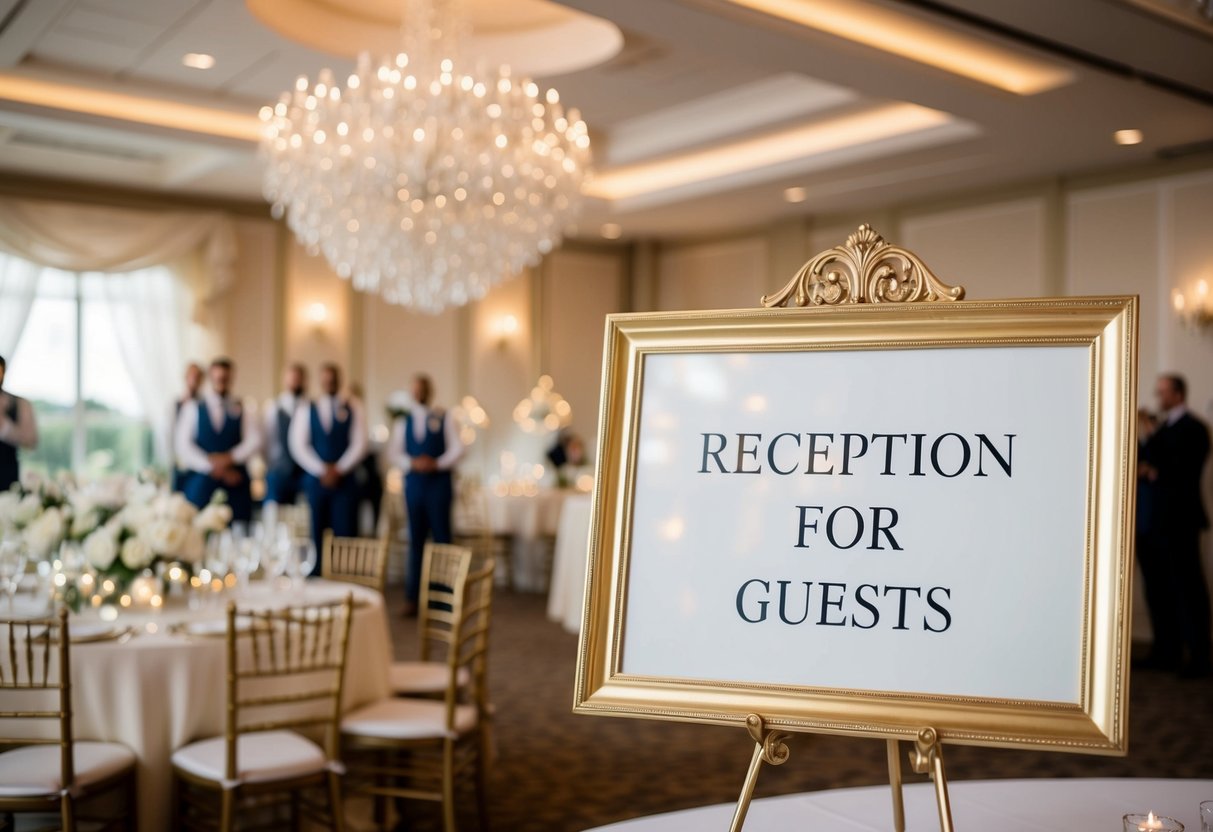 A wedding reception venue with elegant decor and a sign indicating the cost for guests