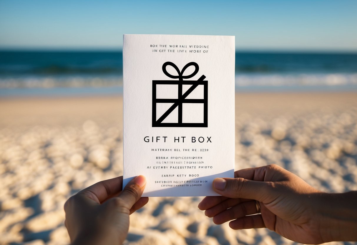 A serene beach setting with a wedding invitation showing a crossed-out gift box symbol, and a happy couple gesturing to the symbol