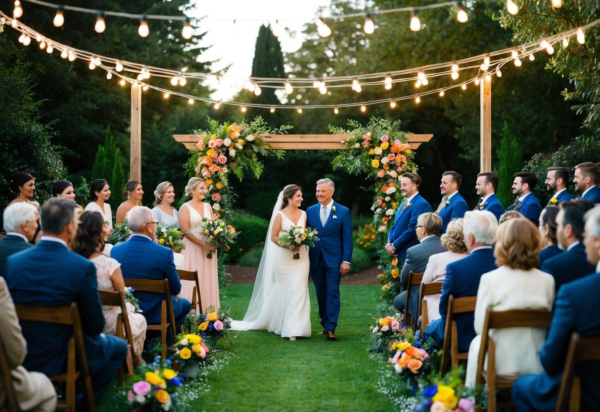 A cozy garden ceremony with a few close friends and family, decorated with twinkling lights and colorful flowers
