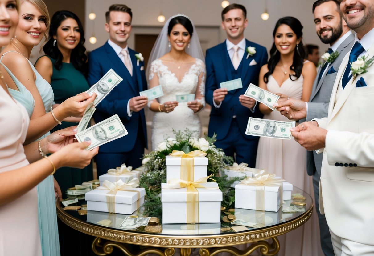 A group of wedding guests holding envelopes with varying amounts of money inside, standing in front of a beautifully decorated gift table