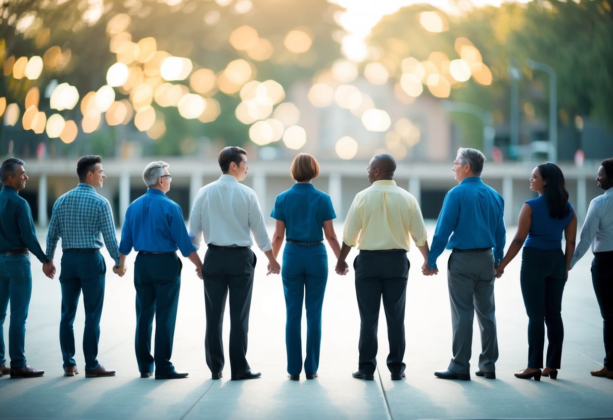 A diverse group of individuals stand in a circle, some holding hands, while others stand alone, symbolizing different relationship models