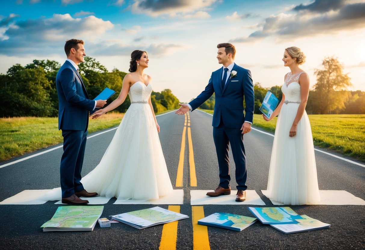 A bride and groom stand at a crossroads, one path leading to a picturesque local venue and the other to a far-off destination. They weigh the pros and cons, surrounded by maps and travel brochures