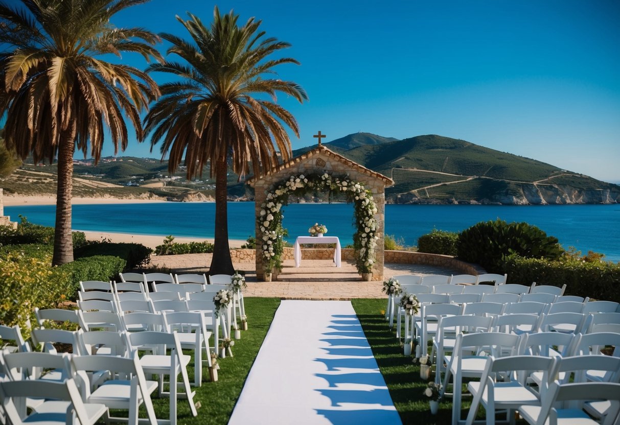 A sunny beach wedding in Spain with palm trees and a clear blue ocean, or a quaint vineyard ceremony in Portugal with rolling hills and a rustic stone chapel