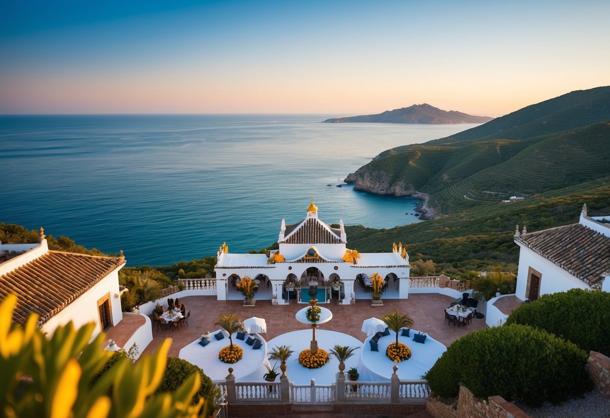 A beautiful coastal wedding venue in Spain, with traditional architecture and vibrant cultural elements. The scene is set against a backdrop of rolling hills and the sparkling Mediterranean Sea
