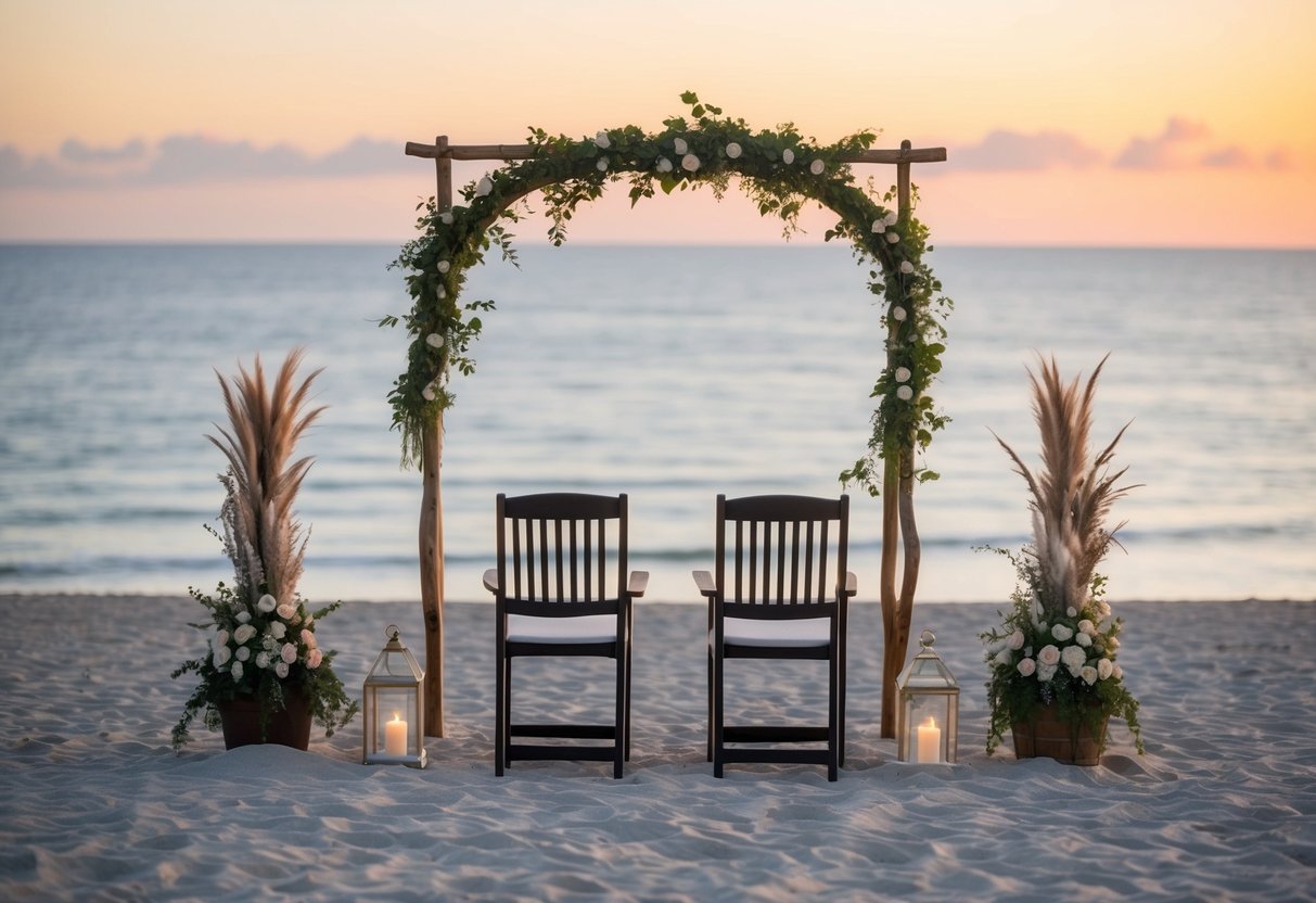 A scenic beach with a decorated arch and chairs, overlooking a calm ocean with a sunset in the background