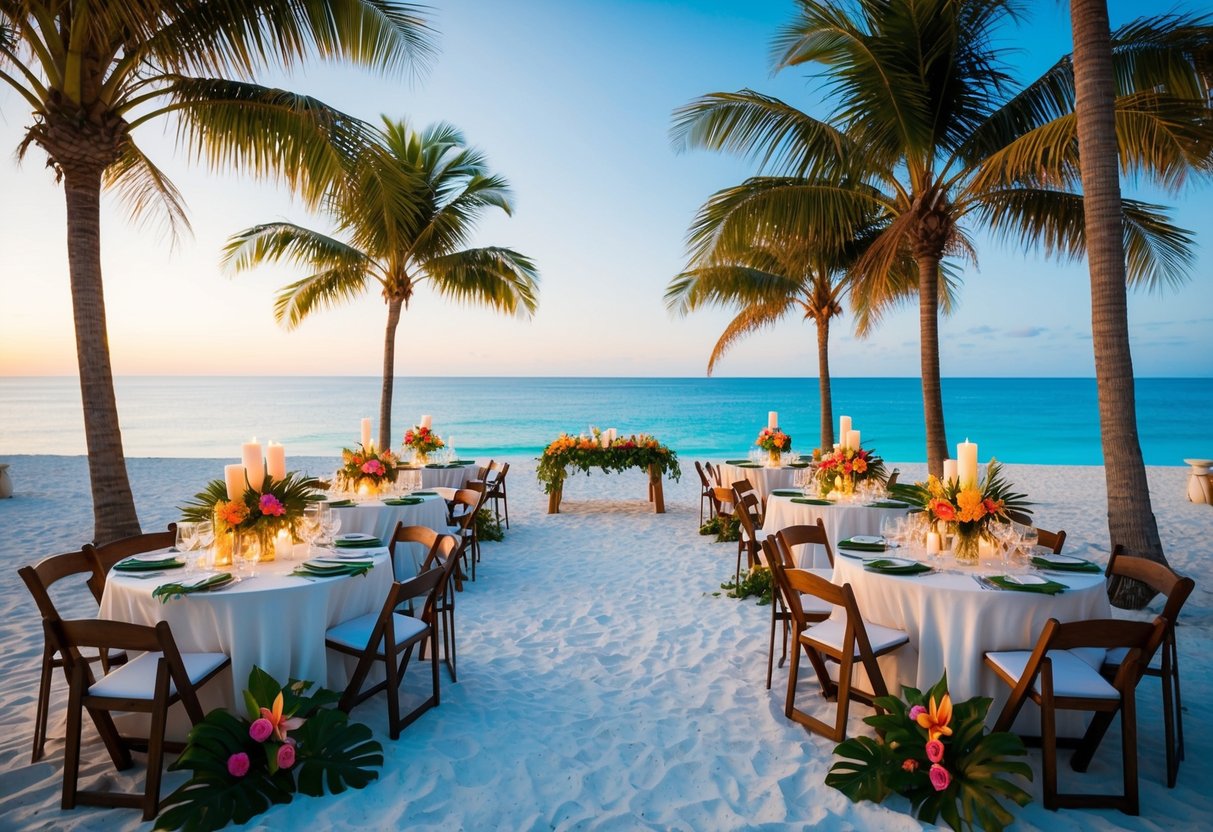 A beachside reception with palm trees, white sand, and a clear blue ocean. Tables adorned with tropical flowers and candles, overlooking the sunset