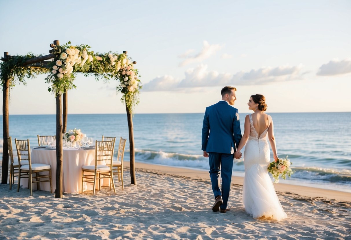 A scenic beach setting with a wedding arch, chairs, and a table set for a reception. A couple walks hand in hand along the shore