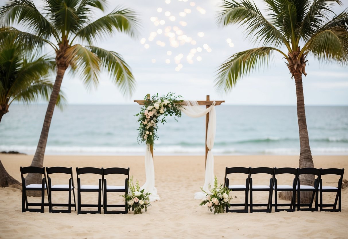 A serene beach setting with a wedding arch and chairs, surrounded by palm trees and the ocean in the background